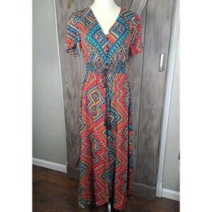 Maxi Dress V neck Geometric Colorful Medium Full Button Down Tassels Boho Aztec